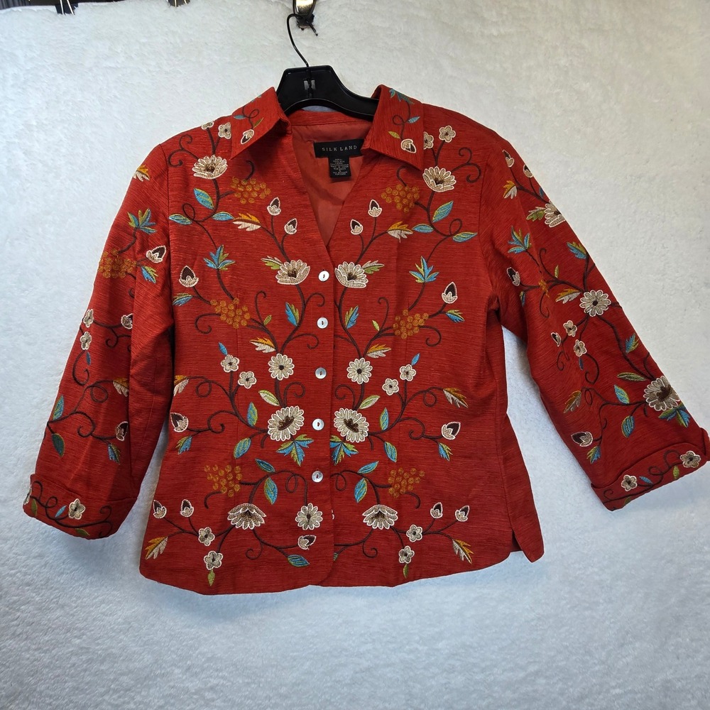 Silk Land Embroidered Floral Button Jacket Small Blazer Acorn Artsy Art to Wear